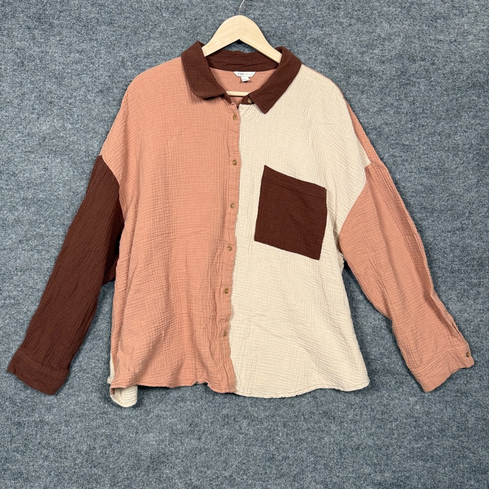 Cato Size 22/24 Shirt Tan Brown Cotton Patchwork Lightweight Muslin Colorblock